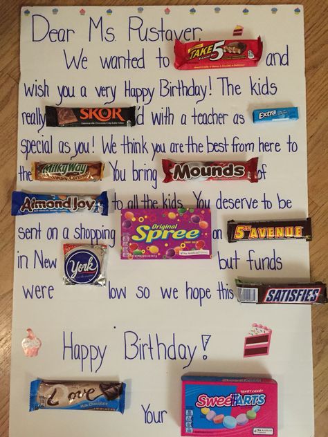 Teacher birthday poster Teachers Bday Ideas, Things To Get Your Teacher For Their Birthday, Gift Ideas For Teachers Birthday, Teacher Birthday Ideas, Best Happy Birthday Wishes Quotes, Birthday Candy Poster, Happy Birthday Teacher, Birthday Wishes For Teacher, Jazakallah Khair