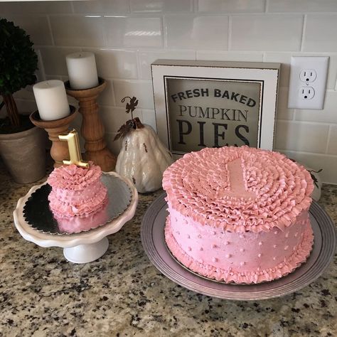 1st birthday cake with smash cake (both three layer almond butter cake with raspberry SMBC; big cake has raspberries, mini doesn’t) Smash Cake And Big Cake, Heart Smash Cake, Mini Smash Cake, Almond Butter Cake, Big Cake, Big Cakes, 1st Birthday Cake, Butter Cake, Smash Cake