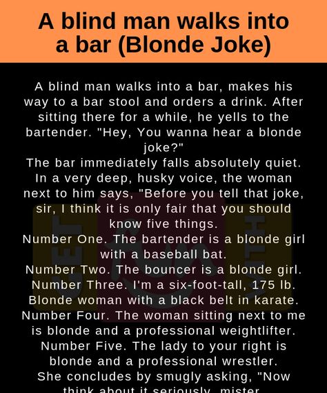 A blind man walks into a bar(Blonde Joke) – GetFunWith Funny Irish Jokes, Blonde Humor, Old Man Jokes, Funny Blonde Jokes, Irish Jokes, Blonde Jokes, Funny Relationship Jokes, Hilarious Jokes, Irish Funny