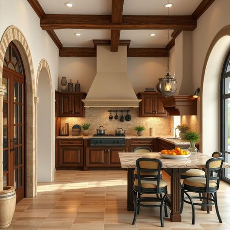 Create a sun-drenched Mediterranean kitchen with terracotta-toned cabinets featuring glass fronts. Crown molding adds elegance. #MediterraneanKitchen #VillaStyle 🌞 Mediterranean Homes Kitchen, Meditterean Kitchen, Meditterean House, Modern Mediterranean Kitchen Design, Modern Mediterranean Kitchen, Kitchen Elevation, Mediterranean Kitchen, Villa Style, Mediterranean Villa