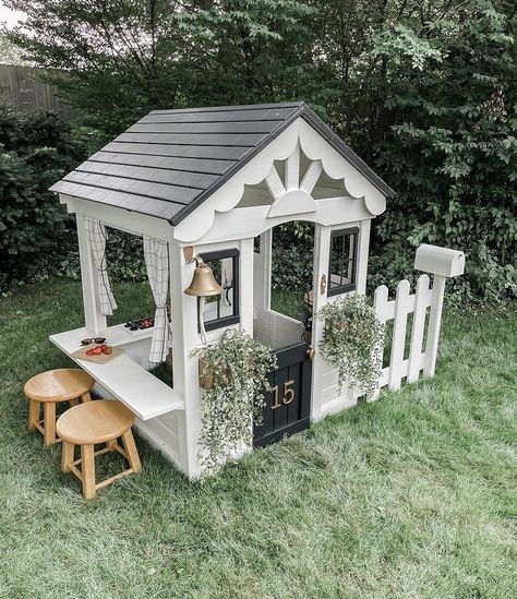 Cubby House Makeover, Playhouse Outdoor Landscaping, Playhouse Mailbox Ideas, Backyard Discovery Sweetwater Playhouse Makeover, Playhouse Outdoor Decor, Diy Outside Playhouse, Playhouse Backyard Ideas, Backyard Discovery Playhouse, Cubby House Ideas Outdoor