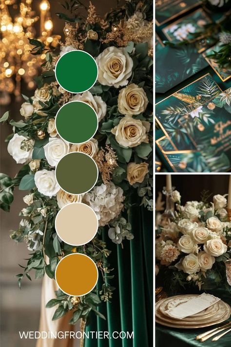 Champagne, emerald green, and gold wedding theme ideas for a luxurious color scheme. Green And Gold Wedding Theme, Gold Wedding Theme Ideas, Emerald Green And Gold Wedding, Elegant Wedding Theme, Green And Gold Wedding, Elegant Wedding Themes, Emerald Green And Gold, Wedding Theme Ideas, Pallet Wedding