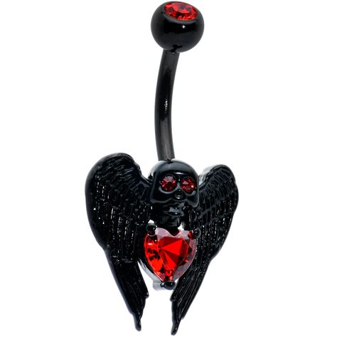 Product DetailsRed CZ Gem Black Heart Winged Skull Gothic Belly Ring Turn out the lights and go glam and dark with this 14 gauge gothic navel jewelry! It's made with a 3/8" black PVD over 316L surgical grade stainless steel curved barbell. The top ball end is 5mm and set with a red cubic zirconia gem. The bottom end features a carefully detailed winged skull charm, with red cubic zirconia eyes. The skull is perched above a red cubic zirconia gem heart for a contrast you can't help but love. You'll be a gorgeous creature of the night when you're rocking this gothic death's head belly piercing ring!Specifications14 Gauge (1.6mm), 3/8" (10mm), Black PVD over 316L Surgical Grade Stainless Steel Curved Barbell, Cubic Zirconia, 5mm Top Ball End Creature Of The Night, Nail Piercing, Belly Button Piercing Jewelry, Rings Cute, Belly Piercing Ring, Belly Piercing Jewelry, Winged Skull, Patriotic Jewelry, Roller Shoes