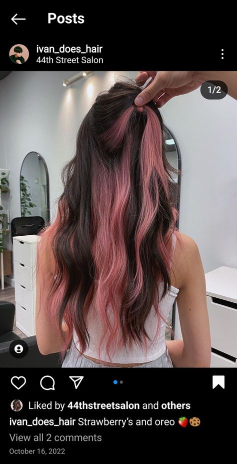 Peekaboo Fashion Color Hair, Light Pink Peekaboo Hair Dark Brown, Dark Brown Hair With Pink Highlights Underneath, Brown Hair Pink Peekaboo, Pisces Hair Color, Pic A Boo Hair Color, Subtle Peekaboo Hair Color Brunettes, Dark Pink Peekaboo Hair, Pink Peekaboo Hair Brown