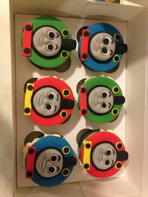 Thomas the tank engine cupcakes Thomas The Tank Engine Cupcakes, Thomas The Tank Cupcakes, Train Birthday Party Cake, Thomas Train Birthday Cake, Thomas Cupcakes, Friends Cupcakes, Thomas And Friends Cake, Thomas Train Birthday, Train Cupcakes