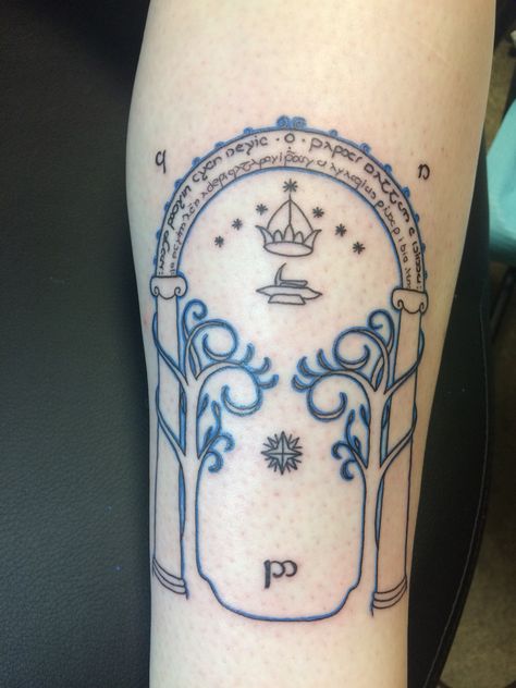 My Mines of Moria/ Doors of Durin tattoo Moria Tattoo Lord Of The Rings, Moria Door Tattoo, Mines Of Moria Tattoo, Doors Of Durin Tattoo, Moria Tattoo, Door Of Durin, Lotr Sleeve, Doors Of Durin, Kingdom Hearts Tattoo