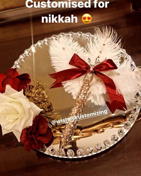 WISHES on Instagram: “Mirror tray Customised for Nikkah with our premium nikkah pen 😍 Inbox for details or whatsapp at 0336-0105053 #weddingseason…” Nikah Pen With Tray, Nikkah Tray Ideas, Nikha Pen And Mirror, Nikkah Mirror Rasam, Nikah Tray, Nikah Pen Decoration Ideas, Nikkah Details, Nikah Mirror, Nikkah Mirror