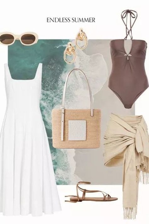 Sharing my Endless Summer Moodboard. I'm loving this drop waist white midi dress, raffia loewe shoulder bag, broth leather strappy sandals, cream celine sunglasses and brown cutout halter one piece for chic summer outfits. Perfect for summer travel and events. Tap to shop! Summer Moodboard, Chic Summer Outfits, Celine Sunglasses, Warm Weather Outfits, White Midi, Women Helping Women, Spring Style, White Midi Dress, Endless Summer