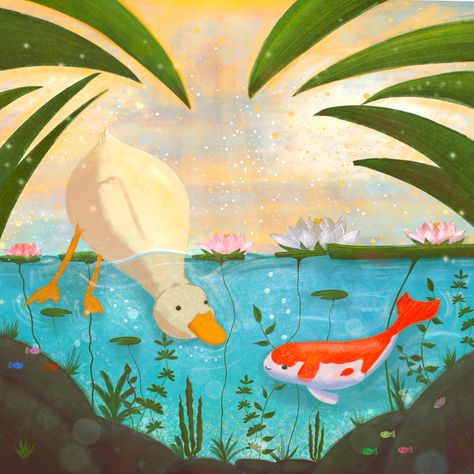 Duck and fish in the pond on the sunset, cute drawing Fish Pond Illustration, Cute Pond Drawing, Fish Pond Drawing, Pond Tattoo, Pond Mural, Duck In Pond, Sunset Drawing Easy, Lily Pad Drawing, Pond Drawing