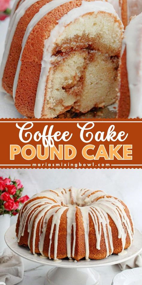 This Coffee Cake Pound Cake is a delicious and indulgent treat that is perfect for breakfast, brunch, or dessert. It combines the flavors of traditional coffee cake with the rich and moist texture of pound cake, making it the ultimate comfort food. Cinnamon Streusel Pound Cake, Bunt Coffee Cake, Cake Mix Coffee Cake Easy, Cinnamon Roll Pound Cake Recipes, Cream Cheese Pound Cake Recipe Moist, Pound Cake From Cake Mix Boxes, Pound Cakes Recipes, Coffee Pound Cake, Overnight Coffee Cake