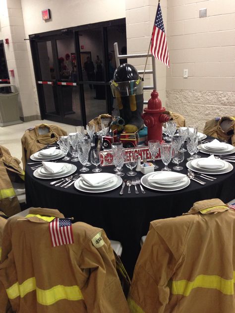 We could do something like this for the banquet next year... Fire Chief Retirement Party Ideas, Firefighter Centerpieces, Fire Department Banquet, Fire Centerpieces, Firemen Quotes, Fireman Wedding, Firefighter Engagement, Banquet Centerpieces, Firefighter Retirement