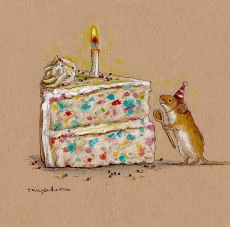 Christmas Mouse Watercolor, Rat Themed Birthday Party, Cute Mouse Illustration, Mouse And Cheese, Cake Drawing, Whimsical Art Paintings, Happy Birthday Art, Mouse Birthday, Happy Vibes