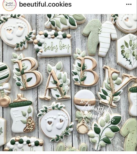 Sage Green Gender Reveal Decorations, Green And Gold Gender Reveal Party, Gender Reveal Ideas Sage Green, Sage Green Baby Boy Shower Ideas, Baby Shower Sage Green And Gold, Sage Baby Shower Cookies, Eucalyptus Baby Shower Cake, Boho Baby Shower Cake Boy, Sage Green Baby Shower Cookies