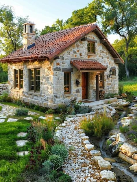 Tiny Stone Cottage, Small Stone Cottage, Cute Small Houses, Stone Cabin, Log Home Interiors, Log Cabin Rustic, Stone Cottages, Tiny House Layout, Tiny Cottage