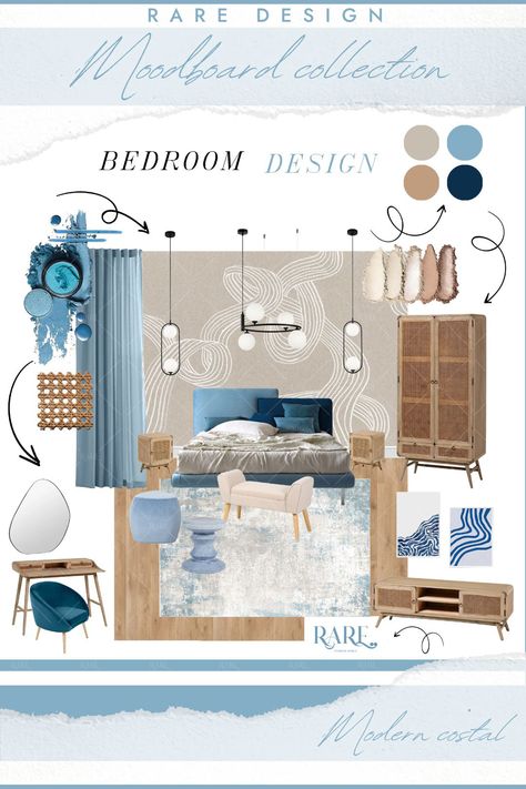 Modern coastal style - bedroom moodboard by @raredesigninterior Follow us for more interior design ideas! #interiordesign #japandi #moderncoastal #scandinaviandesign #home #design #bucharest #bedroom #wallpaper #blue #moodboard #rattan #pendantlights #simple #cozy #raredesigninterior Bedroom Moodboard Interior Design, Bedroom Wallpaper Blue, Japandi Interiors Moodboard, Moodboard Interior Design, Mood Board Bedroom, Blue Moodboard, Coastal Style Bedroom, Bedroom Moodboard, Mediterranean Interior Design