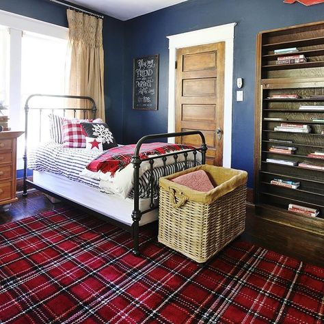 KariAnne Wood (@thistlewood) • Instagram photos and videos Boys Plaid Bedroom, Plaid Rug Bedroom, Plaid Bedroom Ideas, Red And Blue Bedroom, Checkered Bedroom, Americana Room, Americana Bedroom, Boy Room Red, Fix Sagging Couch