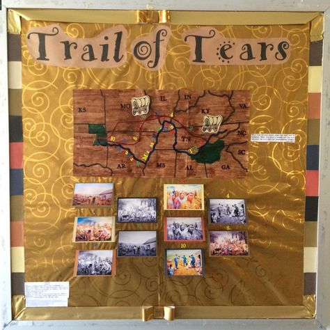 Trail of Tears Bulletin Board Move your covered wagon along the trail that is numbered. When you reach a number, lift the flap and read the fact with the corresponding number. Trail Of Tears Activity, Trail Of Tears Project, Oregon Trail Classroom Decor, Map Testing Bulletin Board, Oregon Trail Wagon Project, Oregon Trail Unit Study, Western Expansion, 7th Grade Social Studies, School Hallways