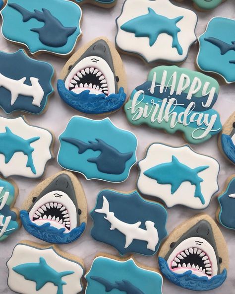 This Baking Mom on Instagram: “🦈 Happy birthday cutter- @killerzebras  Gel food coloring- @americolor  Shark silhouette cookies inspired by @thepaintedpastry” Baby Shark Cookies 2nd Birthday, Shark Week Cookies Decorated, Third Birthday Shark Theme, Shark Sugar Cookies Royal Icing, Shark Birthday Cookies, Shark Theme Cookies, Jaws Cookies Decorated, Shark Week Party, Shark Silhouette