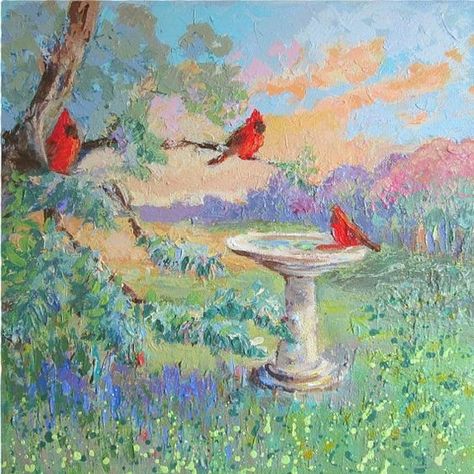 Painting Cardinals, Red Cardinal Painting, Garden Landscape Painting, Birds Acrylic Painting, Garden Painting Art, Cardinals Birds, Garden Bird Bath, Impasto Technique, Cardinal Painting