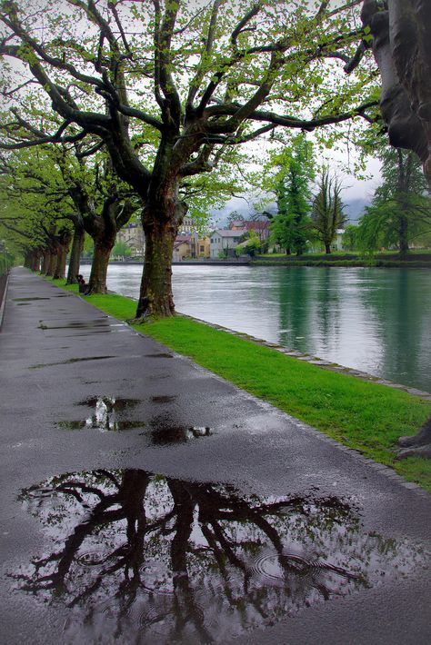 Rainy days (Interlaken, Switzerland) | by armxesde Rainy Day Photography, Interlaken Switzerland, Rainy Day Aesthetic, Fotografi Urban, Rain Wallpapers, Reflection Photography, Interlaken, Foto Art, Beautiful Places Nature