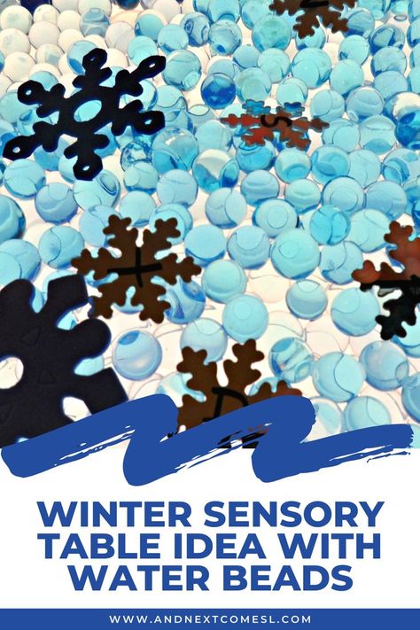 Blue water beads and snowflakes with letters in a sensory bin on the light table. There is a text overlay that says "Winter Sensory Table Idea with Water Beads." Sensory Table Ideas For Preschool, Winter Sensory Table, Sensory Bin For Preschoolers, Sensory Table Ideas, Winter Sensory Bin, Winter Sensory, Table Activities For Toddlers, Sensory Motor, Sensory Bottles