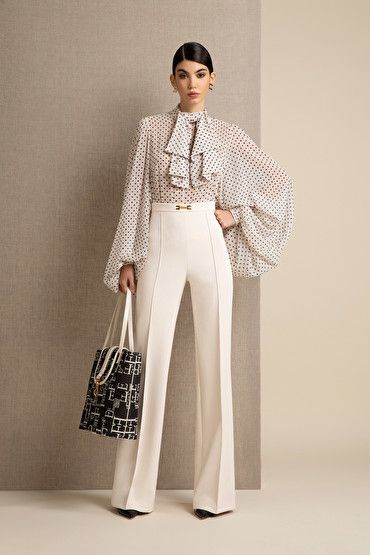 Page 1 | Elisabetta Franchi Topwear: shirts, tops, blouses, t-shirts and more Boss Lady Outfit, Feminine Blouses, Bodysuit Fashion, Boutique Online, Moda Fitness, White Pants, Printed Blouse, Fashion Advice, Look Fashion