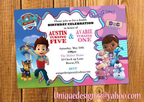 Paw Patrol and Doc Mcstuffins Double Birthday Party Invitation (Other themes available upon request!) by UniqueDesignzzz on Etsy Paw Patrol Double Birthday Party, Christmas Party Invitation Wording, Double Birthday Parties, Happy Birthday Invitation Card, Birthday Party Invitations Diy, Birthday Party Invitation Wording, Birthday Party Invitations Free, Corporate Christmas Parties, Invitation Card Party