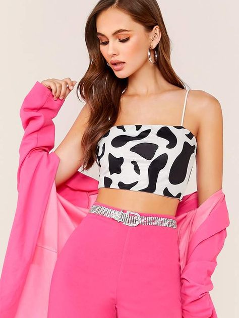 Shein Cow Print Crop Cami Top Printed Top Outfit, Cowgirl Halloween Costume, Dip Hem Top, Crop Cami Top, Diy Fashion Accessories, Women Tank Tops, Cropped Cami, Cami Crop Top, Tank Top Cami