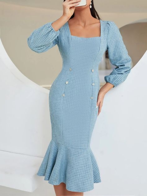 Tweed Square Neck Puff Sleeve Mermaid Dress | SHEIN Puff Dress, Dress Mermaid, Mermaid Dress, Mermaid Dresses, Women Dresses, Dream Dress, Dress P, Winter Women, Square Neck