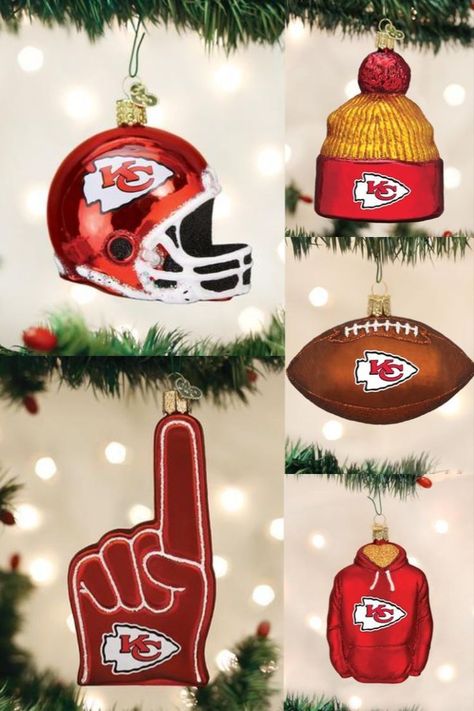 Different Kansas City Chiefs football Christmas tree ornaments that include a helmet, foam finger shape, beanie hat, football, and hoodie. They are all made of glass and have a bright shine to them. Kc Chiefs Christmas Tree, Kansas City Chiefs Christmas Tree, Chiefs Ornaments, Chiefs Christmas Tree, Christmas Orderments, Chiefs Christmas, Independence Missouri, Kc Chiefs Football, The Chiefs