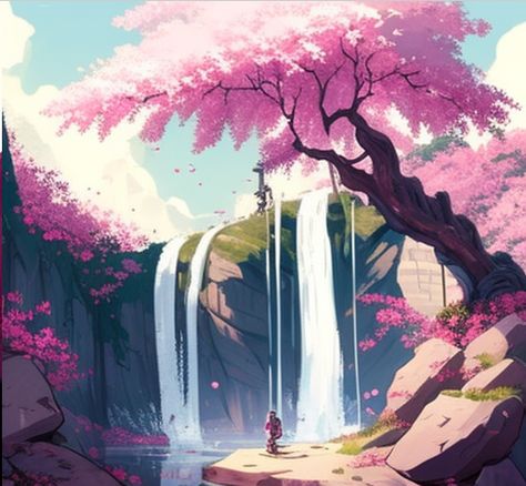 Cherry Blossom Fantasy Art, Cherry Blossom Dragon, Waterfall Drawing, Cherry Blossom Drawing, Japan School, Forest Drawing, Princess Games, Japanese Water, Fields Of Gold