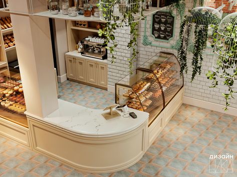 French Bakery Design Interiors, French Style Bakery Design, Chic Bakery Interior, Sea Cafe Design, Grab And Go Cafe Design, Cottagecore Bakery Interior, Floral Bakery Interior, Simple Bakery Interior, Interior Bakery Design