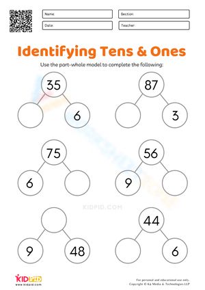 This worksheet consists of exercises based on the part-whole model for identifying tens and ones. It is an introduction to place value systems in mathematics. With the help of these worksheets, children would learn to identify digits in place values of ones and tens. #Grade-1 #Grade-2 Math Grade 1, Tens And Ones, Place Value, Place Values, Grade 2, Grade 1, The Help