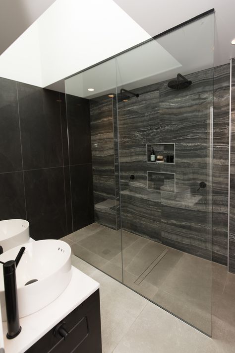 Twin glass shower screen with two access points on either side to make for a beautiful double shower! This is also matched with a matt black channel hardware. Look at all the space :) Black Channel, Glass Shower Screen, Channel Glass, Double Shower, Double Basin, Black Tiles, Glass Bathroom, In Bathroom, Shower Screen