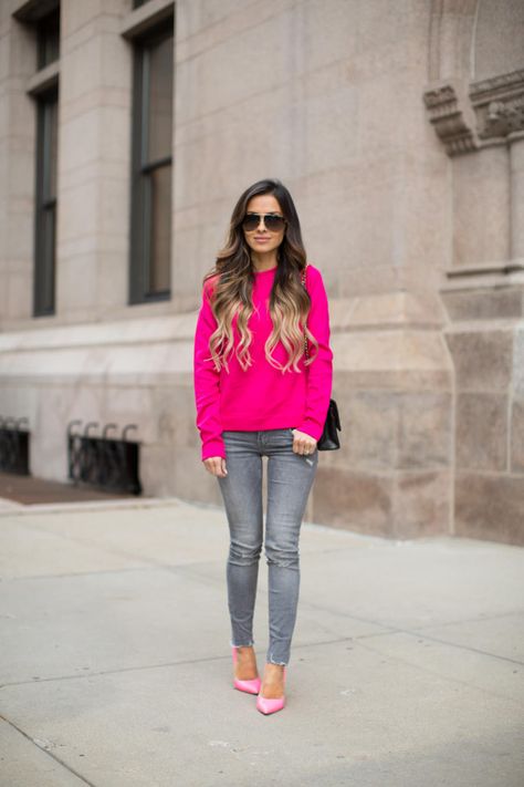 Hot Pink. Light Grey Jeans Outfit, Pink Top Outfit, Grey Jeans Outfit, Hot Pink Outfit, Magenta Sweater, Ultra Casual, Mia Mia Mine, Hot Pink Top, Fall Fashion Skirts