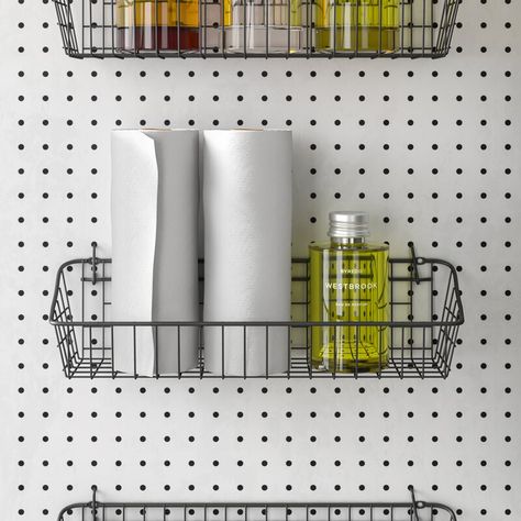 Pegboard Baskets, Pegboard Bins, Storage Furniture Design, Steel Pegboard, Slatwall Accessories, Shed Organization, Dream Laundry Room, Organizer Ideas, Office Garage