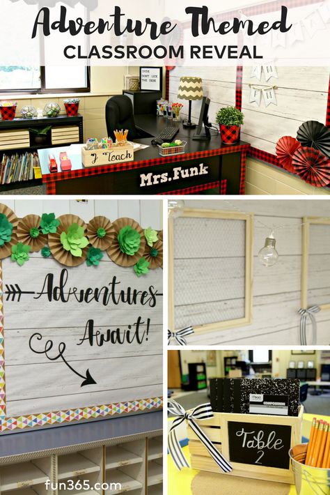 See how this adorable adventure themed classroom came together! Simple DIY projects and tough products make this classroom stand out. See how to set up your own on Fun365.com Travel Theme Classroom, Camping Classroom, Camping Theme Classroom, Classroom Decor High School, Diy Classroom Decorations, Classroom Quotes, Class Theme, Adventure Theme, Classroom Decor Themes