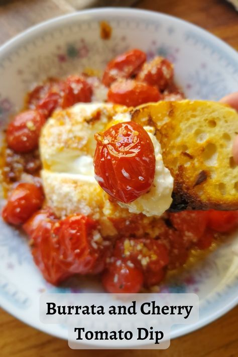 Creamy Burrata cheese with sauted cherry tomatoes. Perfect for a summer dip or side item. Tomato Dip, Bruschetta Toppings, Burrata Cheese, Summer Eating, Creamy Cheese, Sun Dried Tomato, Cherry Tomatoes, Serving Dishes, Cherry