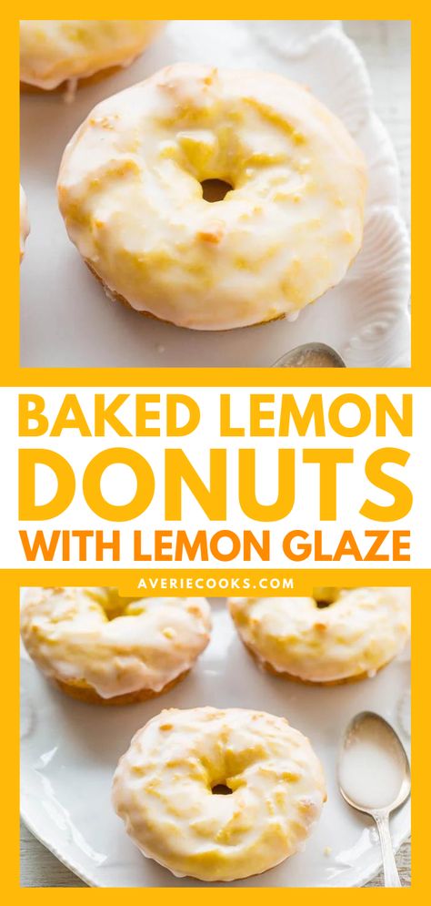 Baked Lemon Donuts with Lemon Glaze - Averie Cooks Donut Glaze Recipes, Cake Donuts Baked, Easy Donut Recipe Baked, Baked Donut Recipe, Mini Donut Recipes, Miniature Desserts, Sour Cream Donut, Lemon Glazed Donuts, Donuts Recipes