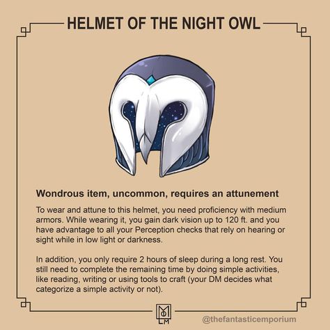 The Fantastic Emporium on Instagram: ““Can this helmet allow you to turn your head 180 degrees?” Asked the rogue - “only if you break my neck...” said the Paladin, visibly…” Magic Armor, Dnd Stats, Dungeon Master's Guide, Dungeons And Dragons 5e, D D Items, Dnd Dragons, Dungeons And Dragons Classes, Dnd 5e Homebrew, Fantasy Stuff