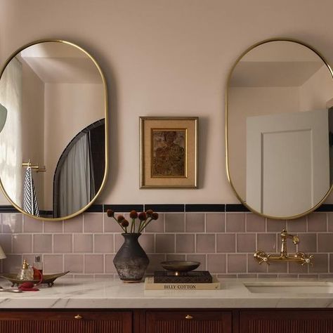 Kirsten Blazek on Instagram: "Lavender tiles were the order of the day at our sweet Storybook Home remodel in Mid City, there is nothing more satisfying to me than bringing a character home back to life 💜 Photography by @michaelcliffordphotography" Plum Bathroom Walls, Mauve Tile Bathroom, Light Mauve Bathroom, Mauve Powder Room, Lavender Tile Bathroom, Kirsten Blazek, Bathroom Lavender, Mauve Bathroom, Lavender Tile