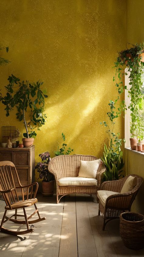 Transform your space with a serene interior featuring golden-hued yellow wallpaper adorned with intricate floral patterns. Vintage wooden rocking chairs and wicker loveseats create warmth, complemented by potted plants and natural elements. Let sunlight dance through the window, highlighting vibrant colors and evoking nostalgia. Discover a cozy atmosphere perfect for relaxation. #InteriorDesign #HomeDecor #VintageStyle Green Room Paint, Floral Patterns Vintage, Serene Interior, Wooden Rocking Chairs, Yellow Plants, Room With Plants, Rocking Chairs, Yellow Wallpaper, Green Rooms