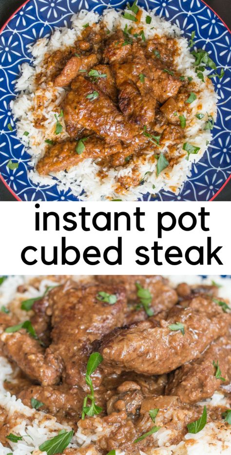 Chewy cubed steak/minute steak turns into tender, glorious deliciousness in minutes! And the gravy? Good enough to drink. Things To Do With Cube Steak, Ninja Foodi Cubed Steak And Gravy, Ninja Foodi Cube Steak Recipes, Tenderized Round Steak Recipes Instant Pot, Venison Cubed Steak Recipes, Instant Pot Cubed Steak And Gravy, Cubed Steak Instant Pot, Cube Steak Instant Pot, Beef Minute Steak Recipes