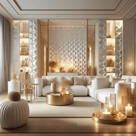 I am constantly amazed 😍 by how Wallpaper can add elegance to the room! Tip: Opt for white 3D effect wallpaper to achieve a luxury Scandinavian home interior with a cozy ambience 🕯️. Modern luxury living rooms never looked so chic! 💥🔗 Check linked products in Bio 💎✨ luxury home design elegant luxury home luxury home aesthetic modern luxury house luxury home must haves small modern house luxury home inspiration luxury home interior #homedecor #interiordesign #homedesign #luxuryhome Gold Theme Living Room, Gold And White Living Room, Modern House Luxury, Luxury Home Aesthetic, Home Aesthetic Modern, 3d Effect Wallpaper, Luxury Living Rooms, Modern Luxury House, Home Must Haves