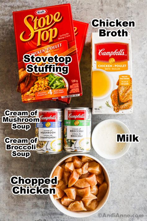 This chicken stuffing casserole is an easy dump-and-go style recipe made with chopped chicken, cream of mushroom, and cream of broccoli soup, some milk and broth, and Stove Top stuffing! The result is a delicious comforting meal that the whole family will enjoy! Stovetop Stuffing Chicken, Chicken Cream Of Mushroom, Stuffing Chicken, Stove Top Stuffing Recipes, Sweet And Sour Beef, Cream Of Mushroom Chicken, Stove Top Stuffing, Dump Recipes, Chicken Stuffing Casserole