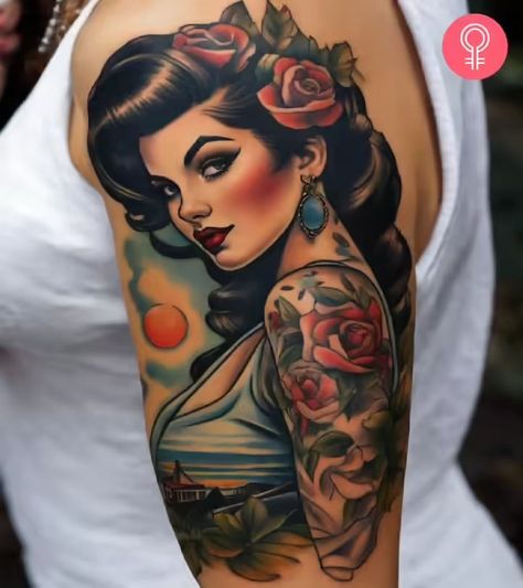 Rockabilly Pinup Tattoo, Army Pinup Tattoo, Tattooed Pinup Tattoo, Modern Pinup Tattoo, Plus Size Pin Up Tattoo, Pin Up Girl Tattoos For Women, American Traditional Pin Up Girl, Plus Size Pinup Tattoo, Nurse Pin Up Tattoo