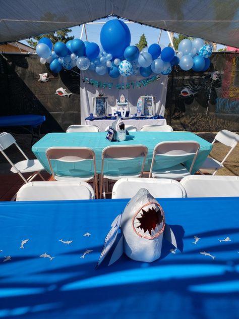 Shark Table Decorations, Shark Centerpiece Ideas, Shark Themed Birthday Party, Ball Birthday Parties, Ball Birthday, Milk Jugs, Shark Party, Centerpiece Ideas, Theme Birthday