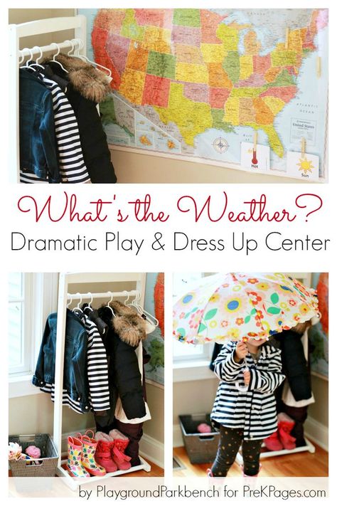 What's the Weather? Dramatic Play Dress Up Center ideas for your preschool classroom. Perfect for a weather theme! Weather Dramatic Play, Dramatic Play Themes, Preschool Weather, Weather Theme, Dramatic Play Preschool, Dramatic Play Area, Weather Unit, Play Dress Up, Dramatic Play Centers