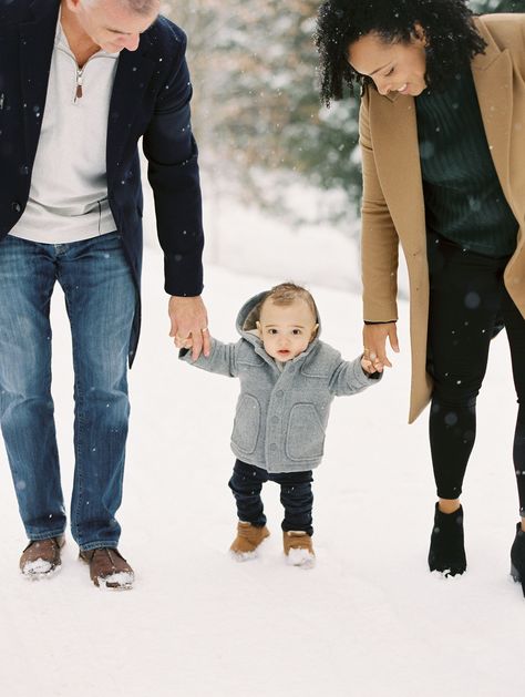 Winter family photo in snow with 1 year old. Lake Placid, New York by Adirondack Photographer Mary Dougherty One Year Winter Photos, Winter Family Of 3 Photos, Family Photos In Snow, Winter Family Photography, Family Photography Outfits, Wedding Day Schedule, Winter Family Photos, Old Family Photos, Winter Family