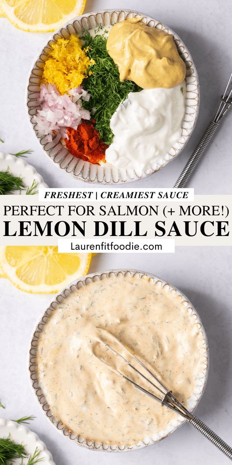 This Healthy Lemon Dill Sauce for salmon is seriously the absolute best! It's incredibly creamy, fresh and packs so much flavor, making it perfect for baked salmon, sandwiches, burgers, wraps, and so much more. Keep reading for an easy salmon recipe and pairing ideas to take your meal to the next level with this delicious sauce recipe! Lemon Dill Sauce For Salmon, Salmon Burger Sauce, Healthy Salmon Burgers, Quick Salmon Recipes, Salmon Sandwiches, Easy Salmon Recipe, Dill Sauce For Salmon, Salmon Burger Recipe, Lemon Dill Sauce